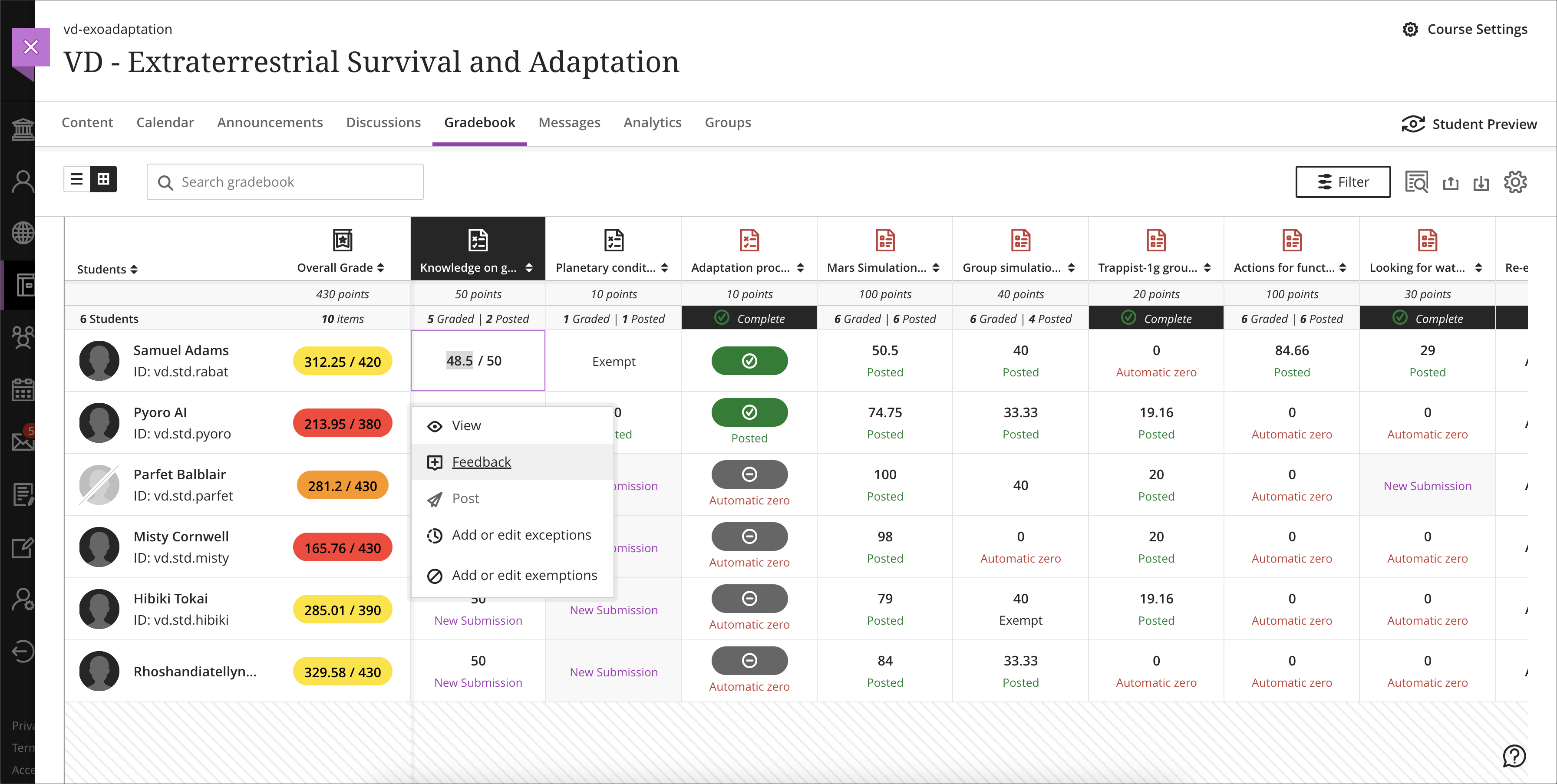 Feedback override grade grid