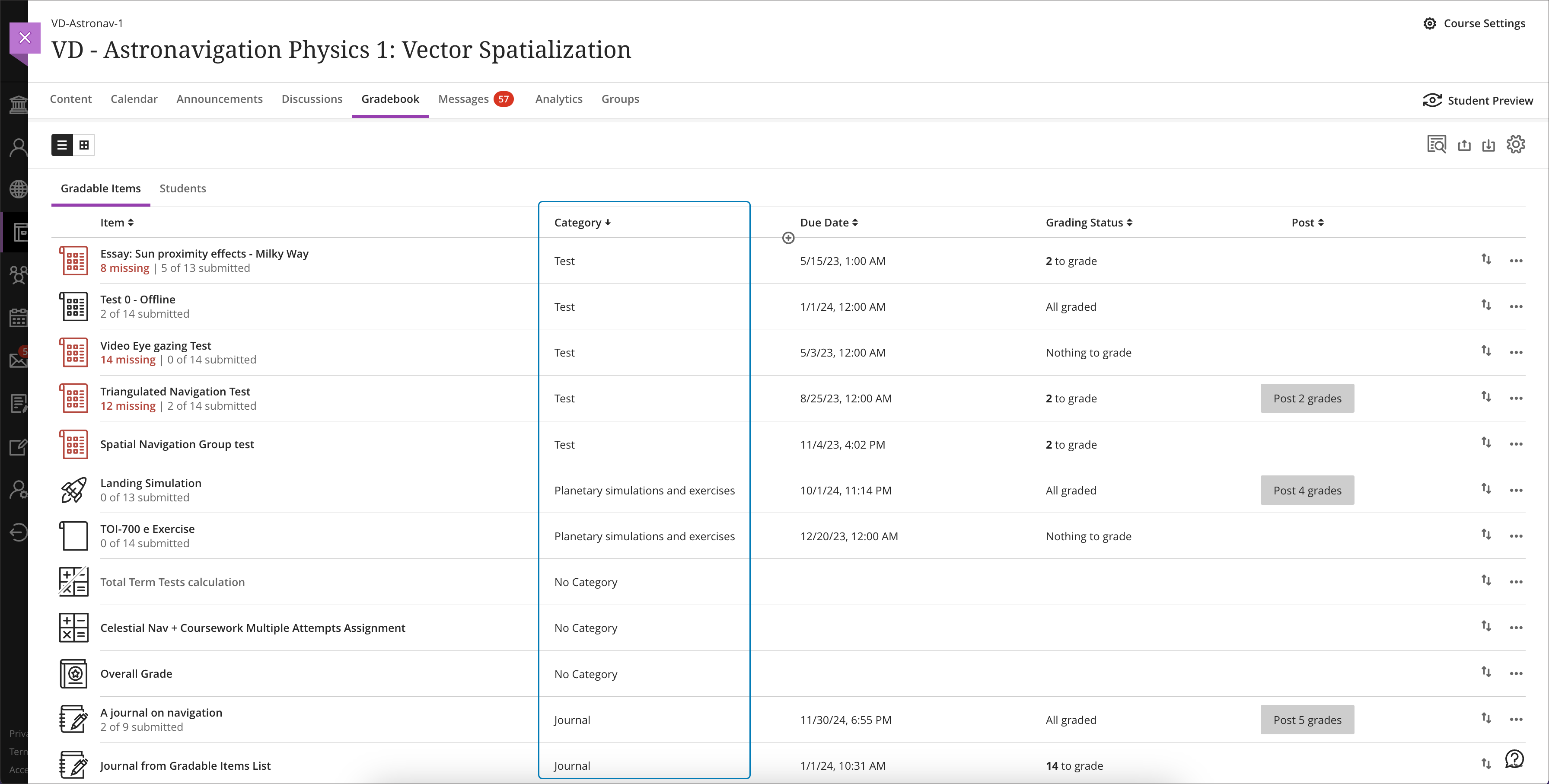 Gradebook list view category