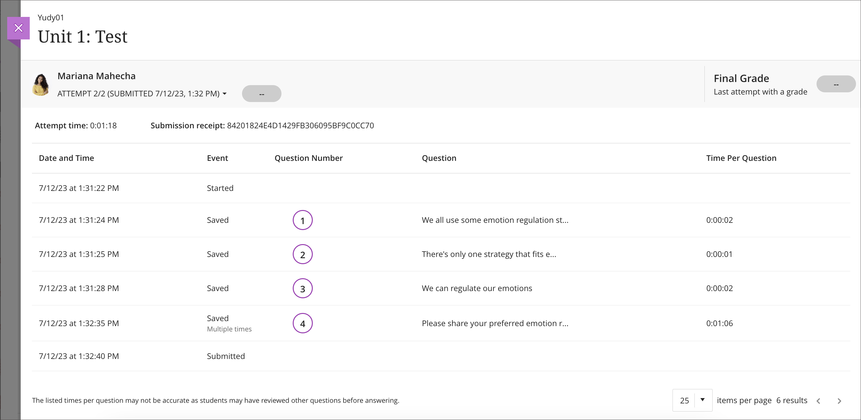 Test attempt log